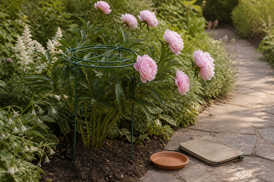 A green grow-through cage supporting a broad flowering plant beside a garden path