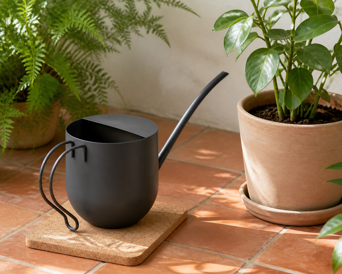 Matte charcoal long-spout watering can paused beside a terracotta pot on tiled floor
