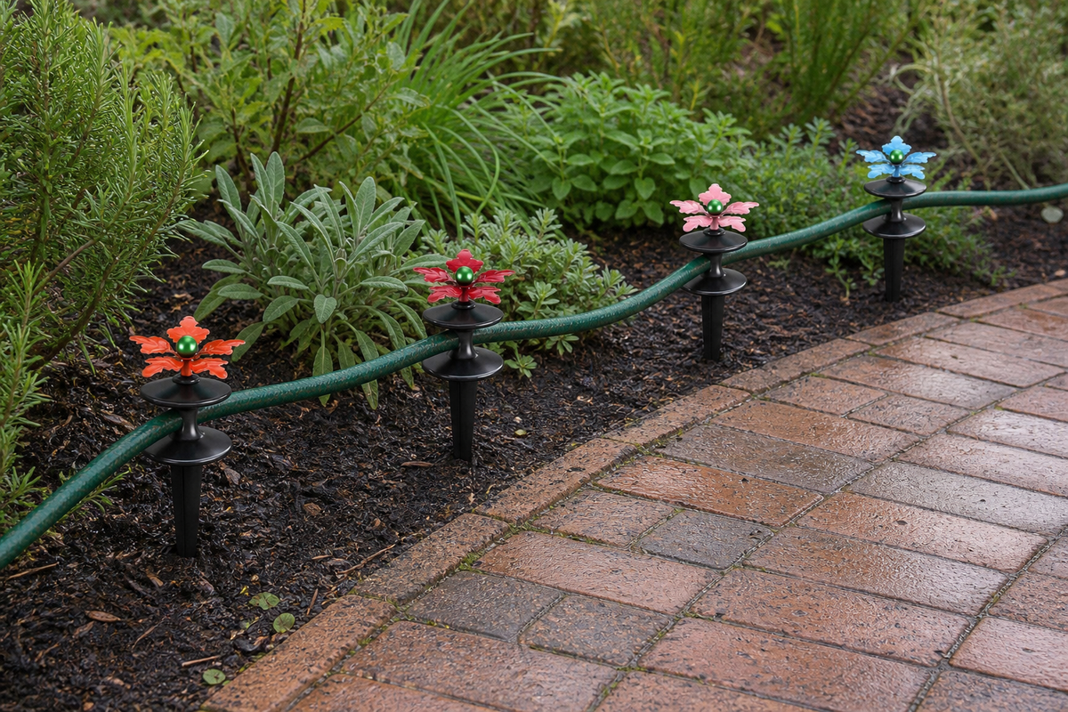 Four black flower-topped hose guide stakes keeping a dark green hose beside a curved brick path