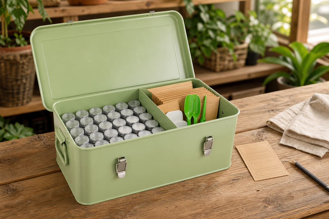 A sage-green metal seed organizer open on a warm wooden potting bench with clear seed vials and kraft envelopes
