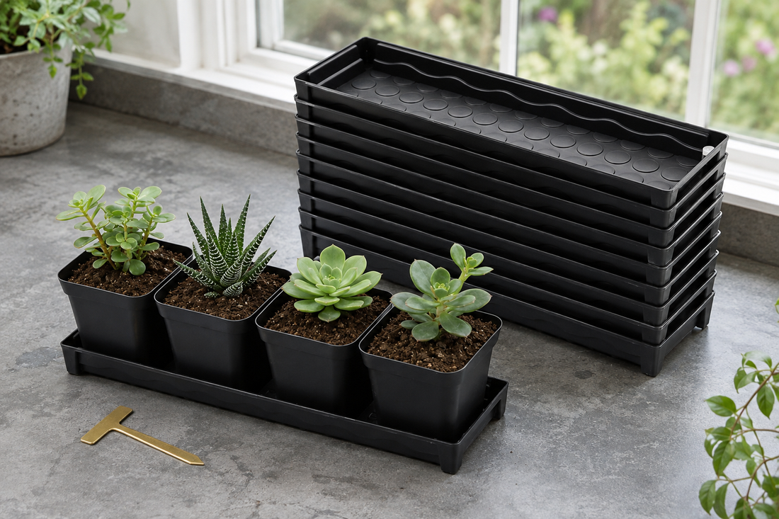 Ten black rectangular plant trays with one holding four small pots