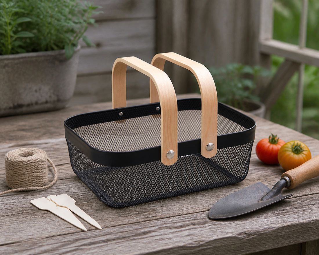 Black mesh garden basket with pale wooden handles on a cedar workbench beside tomatoes, twine, and a hand trowel