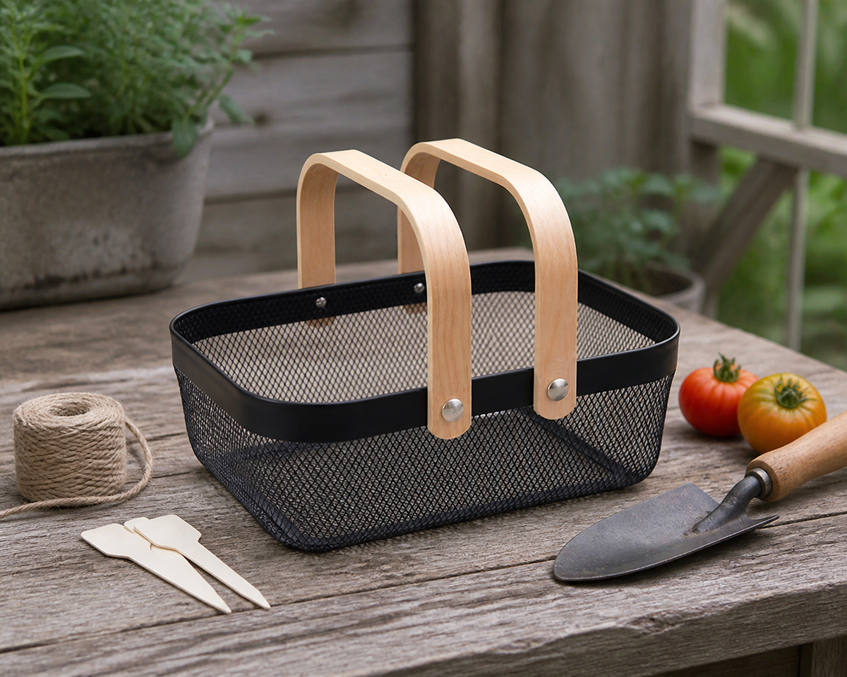 Black mesh garden basket with pale wooden handles on a cedar workbench beside tomatoes, twine, and a hand trowel