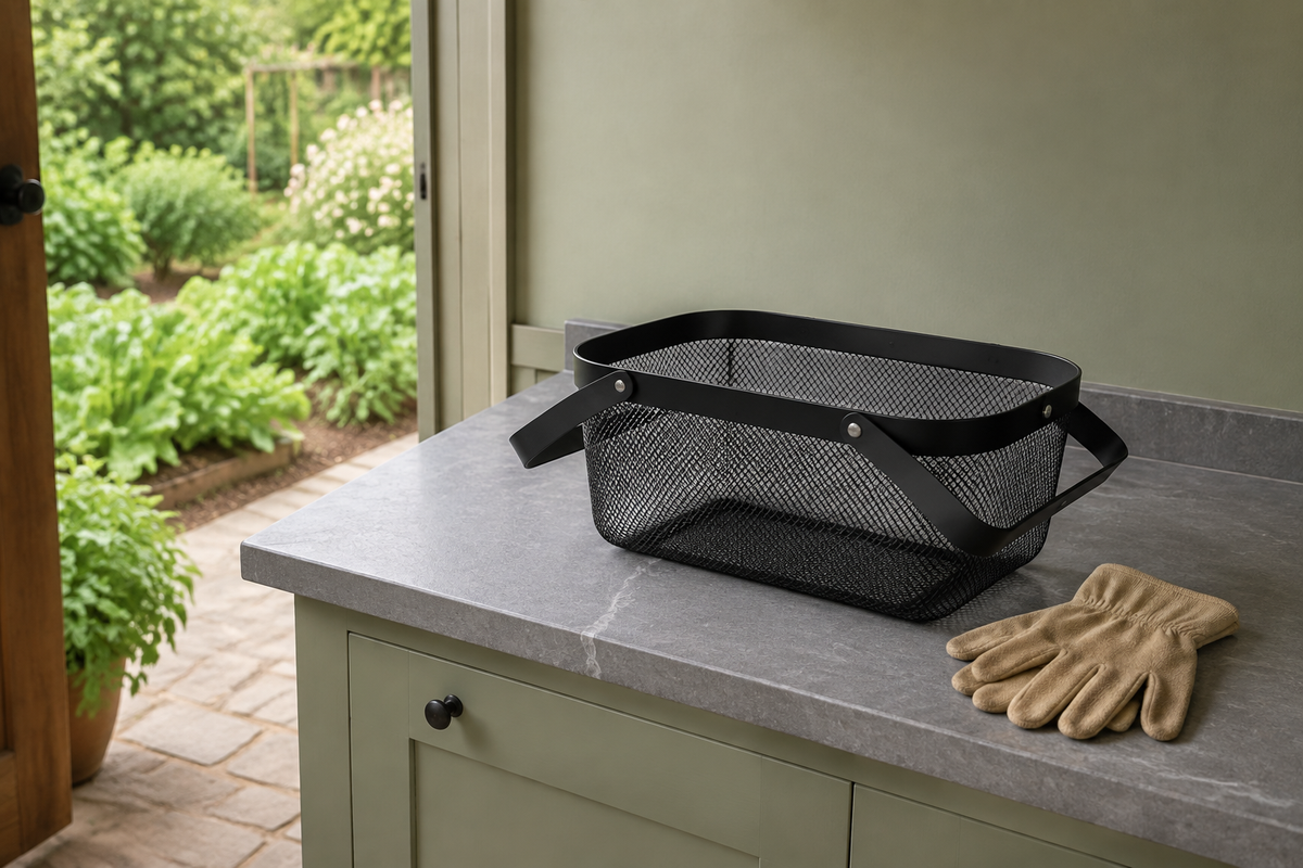 One empty black metal mesh harvest basket on a cleared utility counter by a garden door