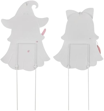 Glitzhome Halloween Ghost Yard Sign Set of 2, Cute Outdoor Ghost with Witch Broom & Pink Bow Pumpkin Outdoor Decorations, Halloween Metal Garden Stakes for Halloween Fall Autumn Lawn Decor