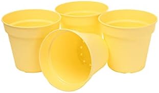 Mintra Garden Pots, 4 Pack Bulk Plastic Plant Pots with Drainage Tray, Round Indoor & Outdoor Decorative Planters with Drain Holes for Flowers, Herbs & Plants, 13cm Diameter – Yellow, 5 in