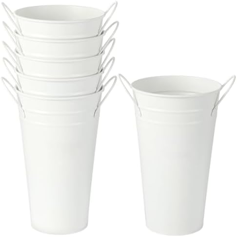 6 Pcs White Flower Buckets, Galvanized Metal Vases,7.9 Inches Flower Vase with Handles, French Flower Bucket，Rustic Farmhouse Vases for Home Decor Wedding Table Centerpiece