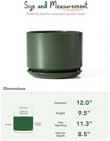 LE TAUCI 12 Inch Pots for Plants, Ceramic Planter with Saucer, Forest Green