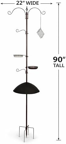 Backyard Expressions Heavy Duty Bird Feeding Station Kit w/Squirrel Baffle - 90" Bird Feeder Pole with 5 Prong Base, Suet Feeder, Mesh Feeding Tray, 4 Feeder Hooks, Water Dish - Black w/Gold Fleck