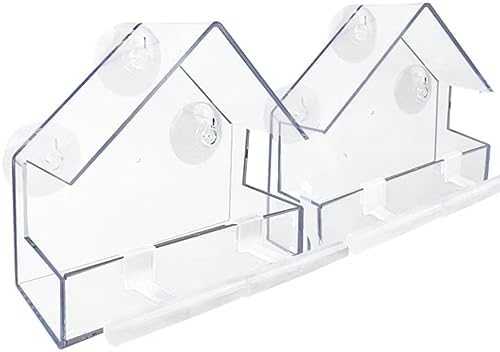 Window Bird Feeder 2 Pack, Bird House for Outside with 2 Rod, Small Acrylic Window Bird Feeder with Strong Suction Cups and Drain Holes 5.9 * 2.4 * 5.9 inch