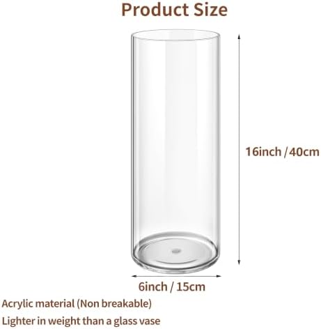 Clear Flower Vase, Non-breakable Vases, 6" W x 16" H, Acrylic Vase, Aesthetic Room Decor Cylindrical Modern Flower Vases for Table Centerpiece, Home Decor, Women Floral Arrangement Gift
