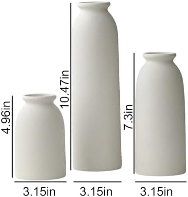 10.6 inches Tall Decorative Ceramic Vase Set, 3 Pieces, Nordic Modern Boho Style, White, for Home Decor (L White)