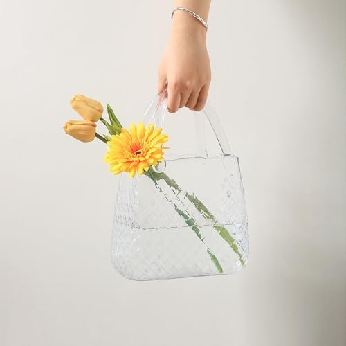Purse Vase, Glass Bag Vase, Glass Purse Vase for Flowers, Clear Vases, 12 Inch Large Flower Vase with Embossed Pattern for Wedding, Living Room, Bedroom, Table, Office(Round)