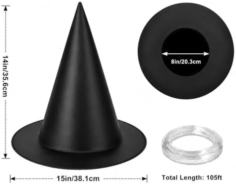 12 PCS Halloween Witch Hats, Black Wizard Hats with 105 FT Nylon Cord, Halloween Hanging Decorations for Indoor Outdoor