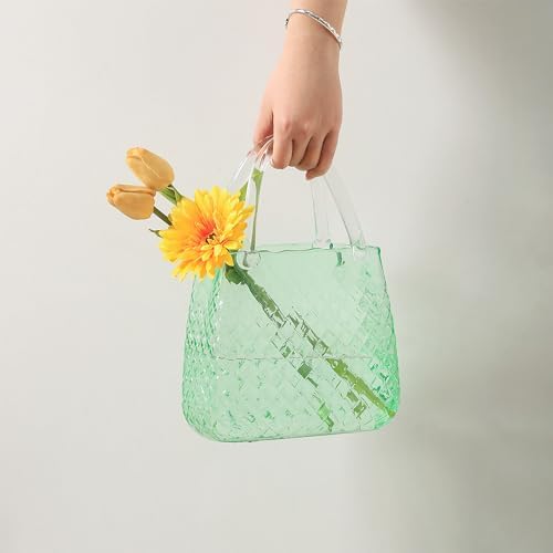 Glass Purse Vase, Green Purse Vase for Flowers, 12 Inch Glass Bag Vase, Large Flower Vases with Embossed Pattern for Wedding, Living Room, Bedroom, Table, Office(Round)