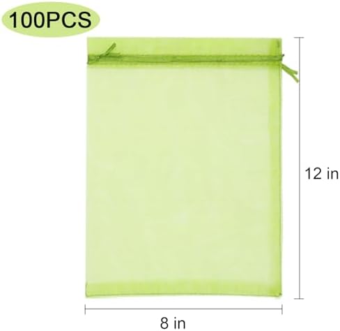 100 Pcs Fruit Protection Bags, 8 x 12 Inch Green Netting Cover Bags with Drawstring, Pest Barrier for Trees, Garden Cover Mesh Bags for Plant Fruit, Flower and Vegetables