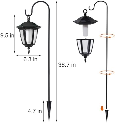 Dynaming 4 Pack Solar Flame Hanging Lights Outdoor, Halloween Solar Flickering Flame LED Garden Lanterns with 4 x 38 Inch Shepherd Hooks, Christmas Lighting for Lawn Patio Yard Pathway Driveway
