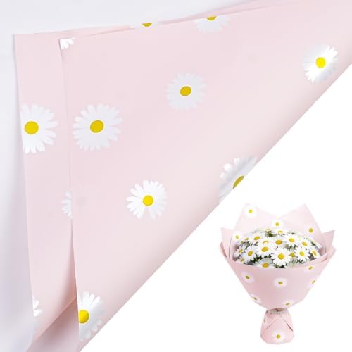 LeZakaa 20 Sheets Pink Daisy Flower Wrapping Paper, Waterproof Florist Daisy Bouquet Wrap, Korean Style Floral Paper for for Birthday, Graduation, Mothers Day, Valentines, 22 x 22 Inches