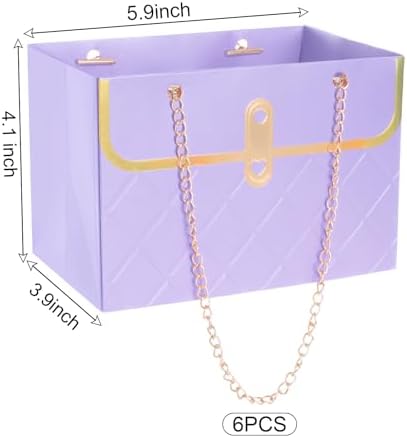 baotongle 6pcs Flower Paper Gift Box Bouquet Storage Bucket Handbag with Metal Chain Flower Boxes for Arrangements Wedding Mother's Day Birthday Bridal Shower (Purple)