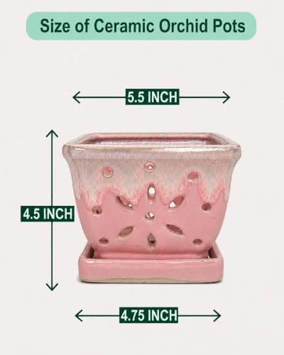 vensovo 5.5 Inch Rectangular Ceramic Orchid Pot with Holes, Pink