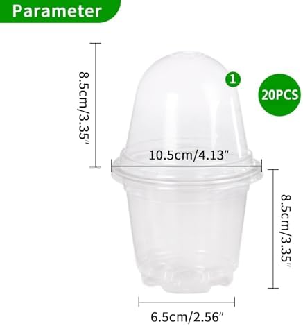 JOPY 4 Inch Plastic Nursery Pots with Humidity Dome for Plants 20 Pack Clear Seedlings Planting Pots for Garden Indoor and Outdoor Small Planter Containers with Drainage Holes