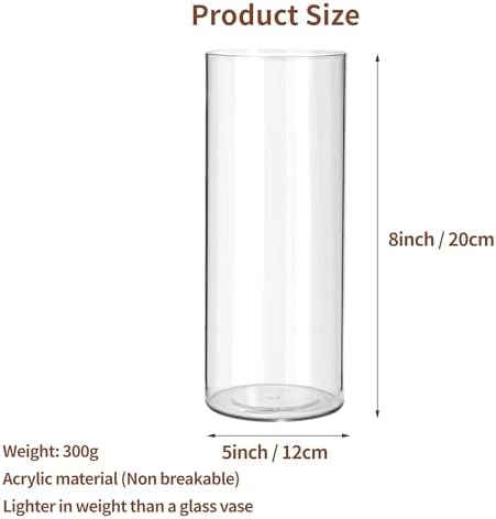 Clear Flower Vase, Non-breakable Vases, 5" W x 8" H, Acrylic Vase, Aesthetic Room Decor Cylindrical Modern Flower Vases for Table Centerpiece, Home Decor, Women Floral Arrangement Gift