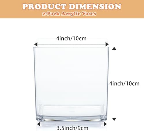 2 Pack Acrylic Cube Vases 4 X 4 Inch, Clear Square Vases, Shatterproof Flower Vase Decorative Centerpiece for Home, Wedding
