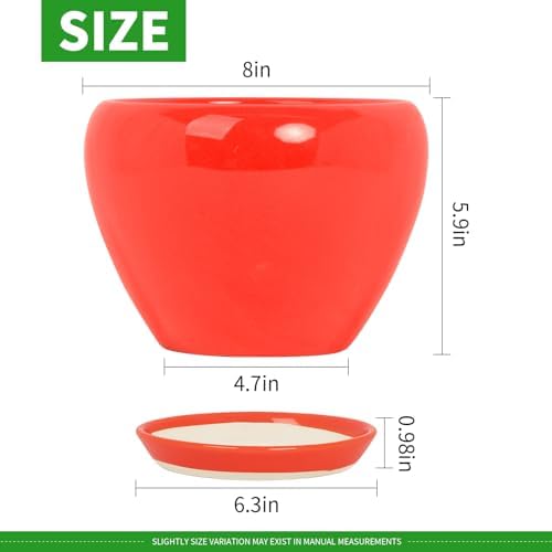 Deep Dream 8 Inch Plant Pots- Ceramic Pots for Plants with Drainage Hole and Saucer, Large Planter Pot for Indoor Plants Outdoor Decor, Red