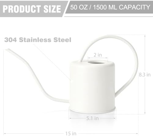 Plant Watering Can, 50 oz / 1500 ml Stainless Steel Metal - Modern Decorative with Long Spout for Indoor Potted Plants, Bonsai, Garden Flowers, Cream White