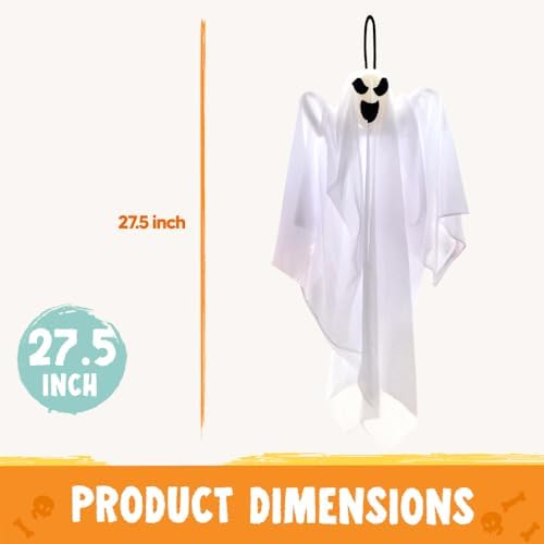 JOYIN 1 PC 27.5" Halloween Hanging Ghost Decorations Outdoor, Halloween Flying White Ghost Decor for Tree Front Yard Patio Lawn Garden, Haunted House Prop, Party Décor Outside