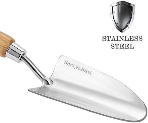 Berry&Bird Stainless Steel Trowel, Garden Small Flower Hand Shovel, Potting Soils Scoop with Wood Handle, Gardening Bonsai Tools for Transplanting Digging Weeding Planting