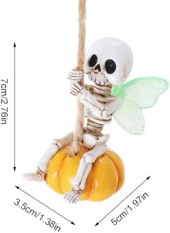 Swing Fairy Skeleton Garden Statue with Luminous Wings, 2.76 Inch Cute Small Skeleton Figurine Resin Sculpture Funny Tree Hanging Ornaments for Patio Lawn Yard Outdoor Halloween Decor