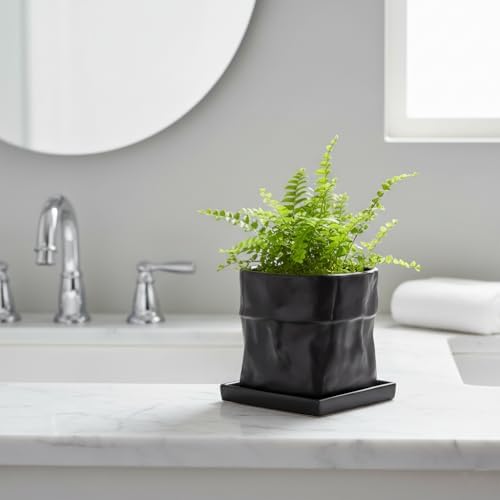 Nihow 6 Inch Ceramic Plant Pot with Drainage & Square Saucer,Black