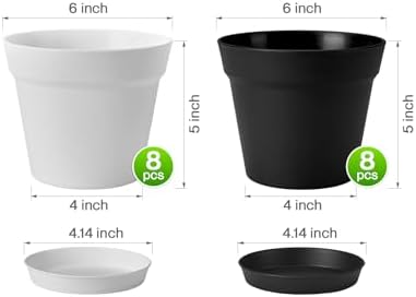 homenote 6 Inch Plastic Flower Pots with Drainage Holes and Trays (16 Pcs)