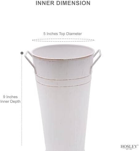 Hosley Set of 2 White Wash Finish Bucket/Pot Vase with PVC Liner 6.25" L x 5" W x 9" H, Ideal Gift for Wedding Home Office Party DIY Indoor Outdoor Garden Patio