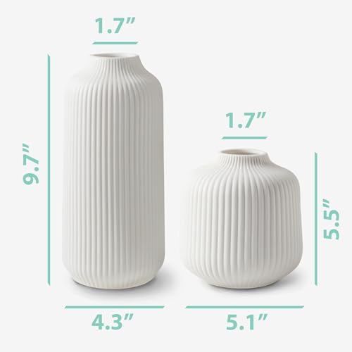 flature Ceramic Vases in Nordic Style, Modern Vase Deco for Pampas Grass, Boho Deco for Windowsill, Vases Set in White Matt, Flower Vase as Home Decoration for Fresh Flowers, Dried Flowers, Set of 2