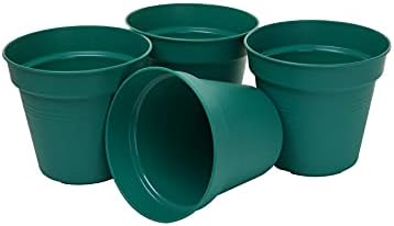 Mintra Garden Pots, 4 Pack Bulk Plastic Plant Pots with Drainage Tray, Round Indoor & Outdoor Decorative Planters with Drain Holes for Flowers, Herbs & Plants, 15cm Diameter – Forest Green, 5.9 in