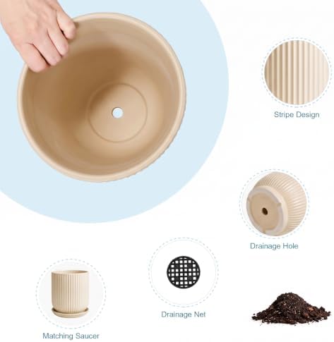 Deep Dream 12 Inch Ceramic Pots for Plants, Heavy Plant Pot for Indoor Outdoor Plants, Large Plant Pot with Drainage Hole and Saucer, Modern Tall Flower Pot, Gifts for Plant Lovers, Cream