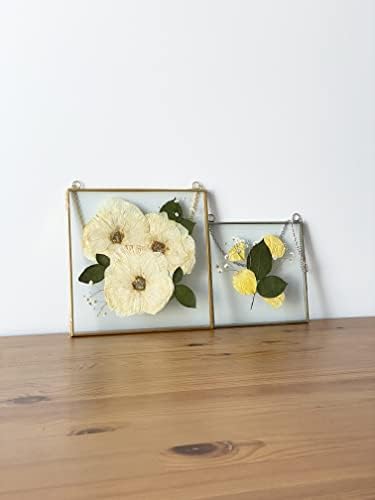 Glass Frame for Pressed Flowers, Leaf and Artwork - Hanging Square Metal Picture Frames, Clear Double Glass Floating Frame, Wall Decor Photo Display, Set of 2 Flower Press Frames with Chain (Silver, 6x6)