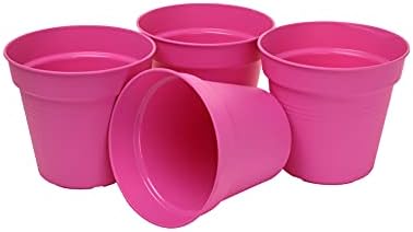 Mintra Garden Pots, 4 Pack Bulk Plastic Plant Pots with Drainage Tray, Round Indoor & Outdoor Decorative Planters with Drain Holes for Flowers, Herbs & Plants, 17cm Diameter – Fuchsia, 6.6 in