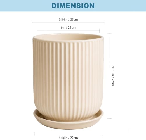 Deep Dream 10 Inch Ceramic Pots for Plants, Heavy Plant Pot for Indoor Outdoor Plants, Large Plant Pot with Drainage Hole and Saucer, Modern Tall Flower Pot, Gifts for Plant Lovers, Cream