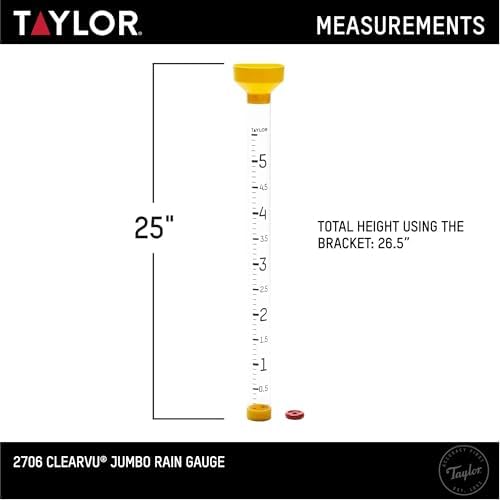 Taylor Capacity Jumbo Rain Gauge, Measure and Monitor Precipitation, Easy to Read for Backyard, Patio, Garden, and Lawn, 5-inch, Yellow