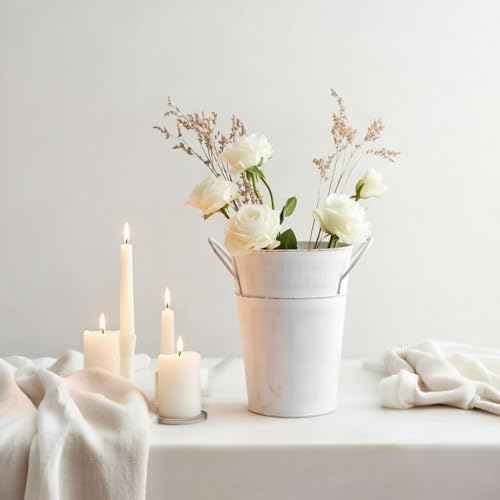 Hosley Set of 2 White Wash Finish Bucket/Pot Vase with PVC Liner, 5" Dia x 7" H Ideal Gift for Floral Arrangements Wedding Home Office Party DIY Indoor Outdoor Garden Patio (Pack of 2)
