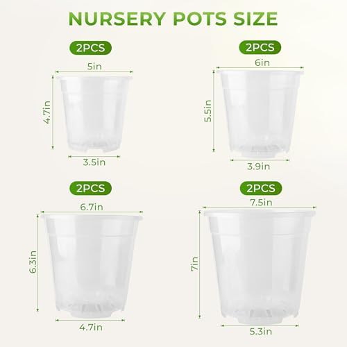 8 Pack Clear Nursery Pots with Drainage Holes, 5/6/6.7/7.5 Inch