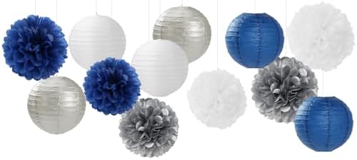 Navy-Blue Silver Party-Decorations Paper-Flowers Lanterns - 15PCS Birthday Royal White Wedding Tissue Pom Poms Streamers,Baby Bridal Shower Bachelorette Graduation Hanging Supplies Decor Hugfond