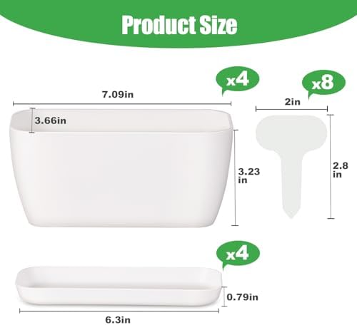 Oliz 4 Set Window Herb Planter Box Rectangular, Green Plastic Planters with Multiple Drainage Holes and Trays,Indoor Succulent Cactus Mint Flower Pot for Windowsill, Garden Balcony (White)