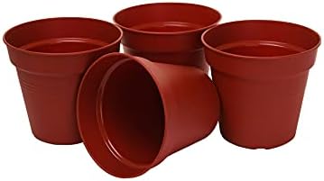 Mintra Garden Pots, 4 Pack Bulk Plastic Plant Pots with Drainage Tray, Round Indoor & Outdoor Decorative Planters with Drain Holes for Flowers, Herbs & Plants, 15cm Diameter – Burgundy, 5.9 in