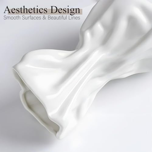 FOWSEEK 6IN White Ceramic Vase, Irregular Flower Vase Modern Art Decorative Vases for Flowers, Unique Paper Bag Vases for Home Office Centerpieces Entryway Bookshelf Living Room Table Decor