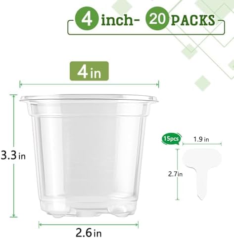 SupKing 4 Inch Clear Plant Nursery Pots 20 Packs Small Plastic Seed Starters Orchid Flower Pot with Drainage Holes for Transplanting Succulents Cuttings Seedlings Bonus 15 Plant Labels