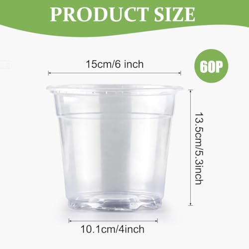 RooTrimmer 60 Pack 6 Inch Clear Nursery Pots for Plants, Flexible Plastic Plant Pots with Drainage Holes, Transparent Plant Starter Pots for Seedlings, Vegetable, Succulents, Flowers